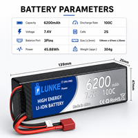 Baterai Lipo Hard Case 2S 7.4V 6200mAh 100C dengan Deans T Plug untuk Mobil RC 1/10 1/12 1/14, Truk, Monster, Tank 102050