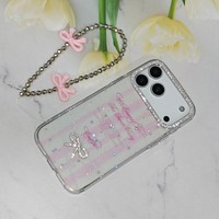 Coque de téléphone transparente avec nœud mignon et paillettes, cadre d'appareil photo en strass, et dragonne perlée, protection pour iPhone 17 Pro Max Samsung