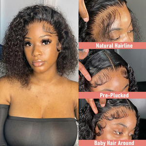 Pelucas de Cabello Humano 100% Brasileño con Ondas Profundas, Estilo Bob Rizado, Color Negro Natural, Ondas Profundas, Frente de Encaje HD 13x4 13x6, Pelucas con Encaje Transparente - Product Image 4