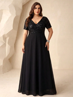 Nouvelle Arrivée Robe de Soirée Élégante en Chiffon à Col en V, Couleur Unie, avec Patchwork de Paillettes et Ourlet Évasé, pour Soirée, Mariage, Printemps, Noire