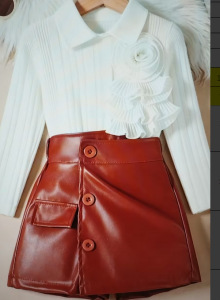 Toddler Girl's Clothes Set 2026 Autumn <strong>White</strong> Long Sleeve Shirt + Brown Pu <strong>Leather</strong> <strong>Skirt</strong> 2 Pcs Fashion Set - Product Image 4