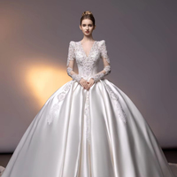 Robe de Mariée en Satin Perle Simple Cérémonie Blanche à Manches Longues Robe de Mariée Saoudienne Grande Taille à Personnaliser