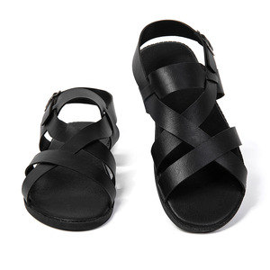 Sandales plates pour hommes, bout rond, couleur unie, sangle à boucle, antidérapantes, doublure en cuir véritable, talon plat, chaussures à bride arrière - Product Image 4