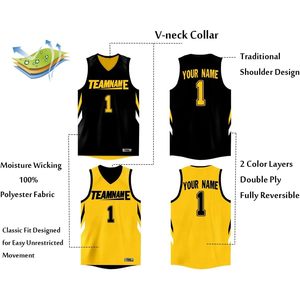 Maillot de basket-ball réversible personnalisé pour hommes et femmes, col en V, évacuation de l'humidité, impression par sublimation, nom et numéro de l'équipe personnalisés - Product Image 2