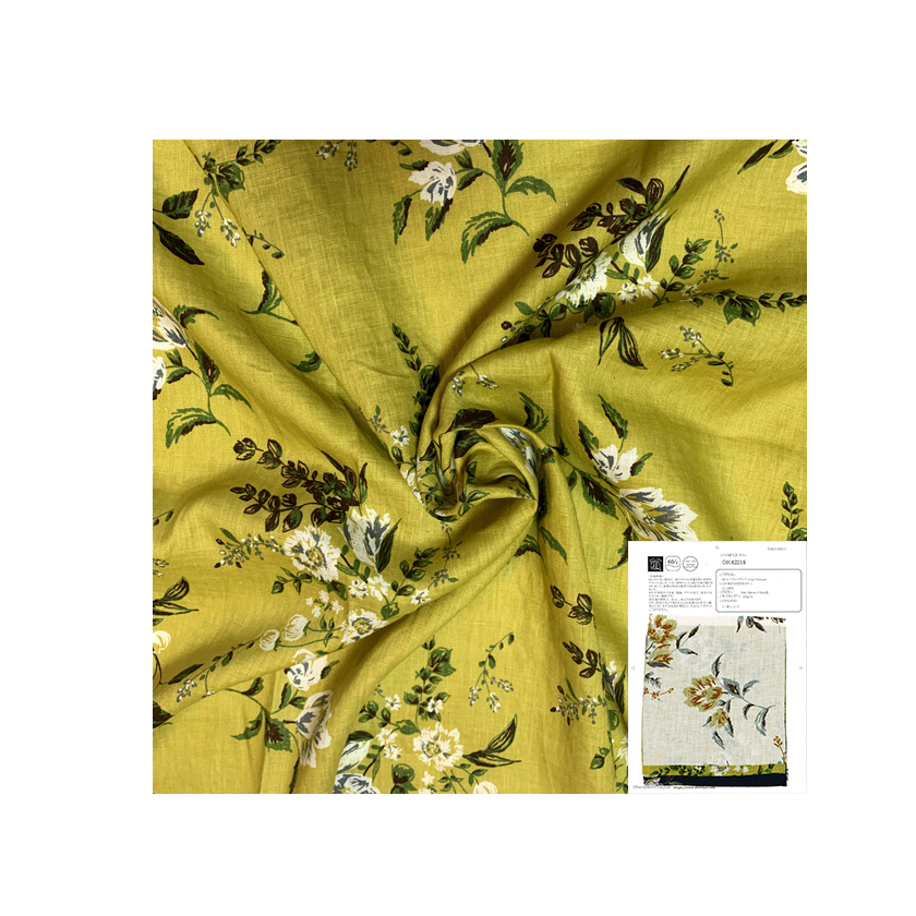 60/1 Цветочная 100 льняная ткань с принтом крыльев желтого цвета для платья OK42218