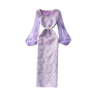 Đầm nữ tay bồng ren tím thanh lịch, đính đá, xẻ tà, ôm dáng, kiểu bodycon, phong cách thường ngày - Product Image 1