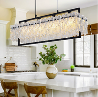 Lustre rectangulaire moderne en métal noir avec cristaux, suspension linéaire pour salle à manger et îlot de cuisine