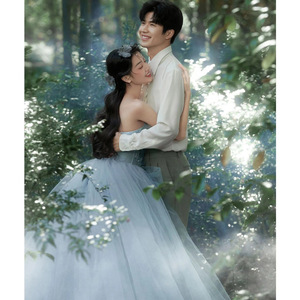 Blue Gray Strapless Ball Gown Wedding Dress Empire Waistline Princess Style Slim Fit High End Bridal Gown - Product Image 5