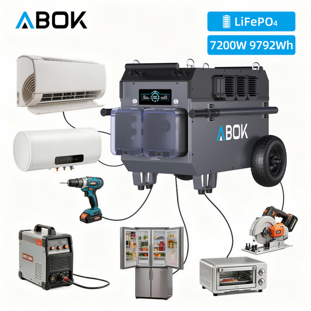 ABOK Factory Direct 7200W 9726Wh LiFePO4 Portable Station Solar Generator MPPT Jump Starter Split Phase 120V 240V Commercial