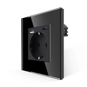 Wholesale Custom Bingoelec Eu Standard Germany 16A Black Glass Panel Electric Outlet Wall Socket With Usb Ports