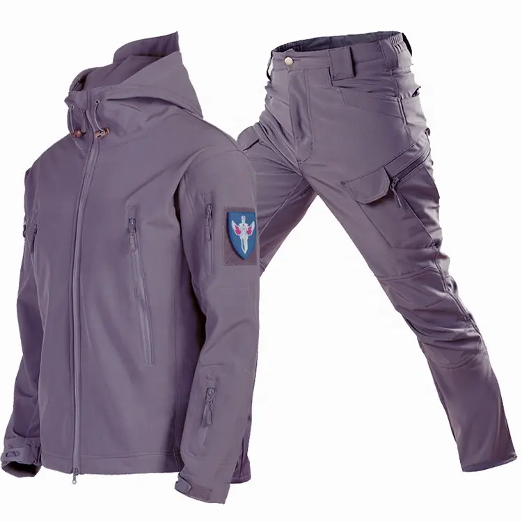 Outdoor impermeável macio Shell uniforme com capuz jaqueta tática e calças poliéster caça terno para homens