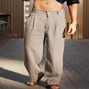 Fall Leisure Loose Straight <strong>Trousers</strong> <strong>Mens</strong> Casual Loose Solid Color Cotton <strong>Linen</strong> Pants <strong>Men</strong> Vintage Mid Waist <strong>Linen</strong> <strong>Trousers</strong> - Product Image 3