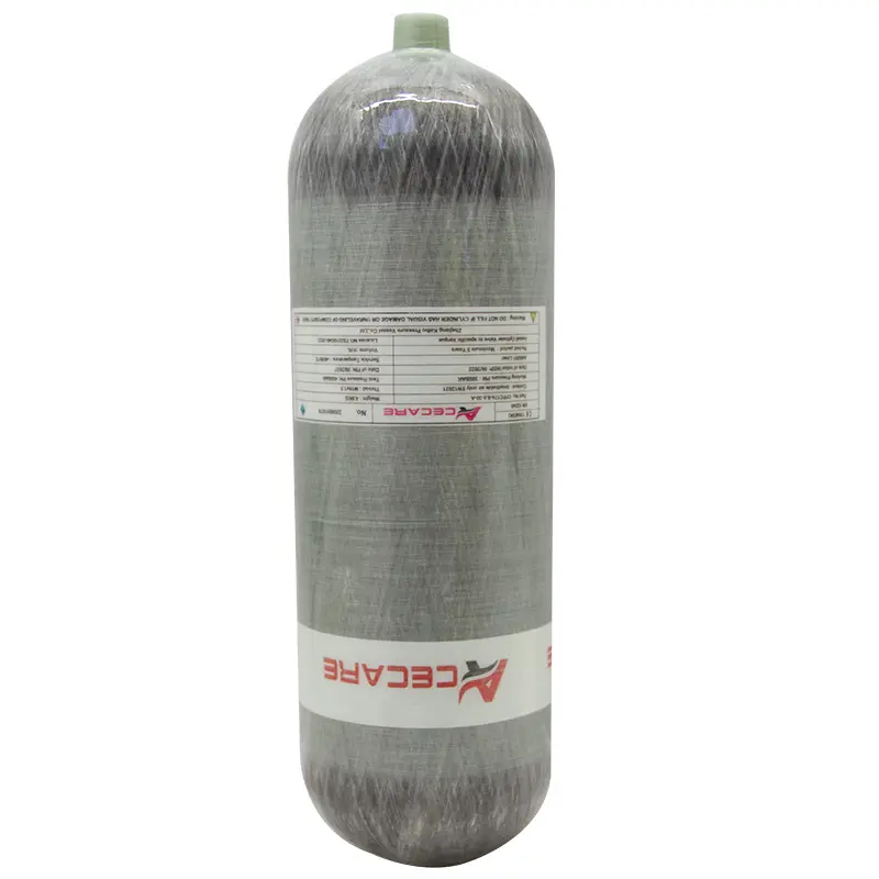 Tangki udara serat karbon 9L bersertifikasi CE dan silinder oksigen 300bar 4500psi tekanan tinggi untuk menyelam Scuba penggunaan udara terkompresi