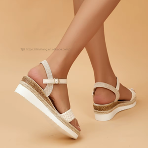 Summer One Button Slope Heel <b>Sandals</b> Wedge Pu Material Daily Black Slope Heel Women's <b>Sandals</b> - Product Image 5