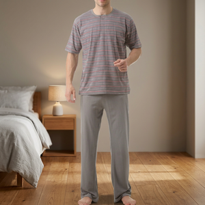 Ensemble pyjama long en jersey teint en fil 100% coton confortable et respirant pour hommes - Product Image 2