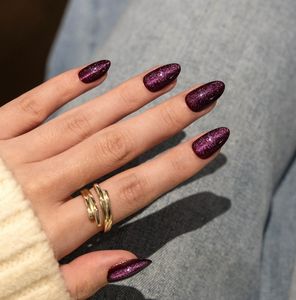 Faux ongles complets <span class=keywords><strong>en</strong></span> cristal violet rêveur, effet œil de chat, paillettes brillantes, particules transparentes, noires, brillantes, artificielles - Product Image 1