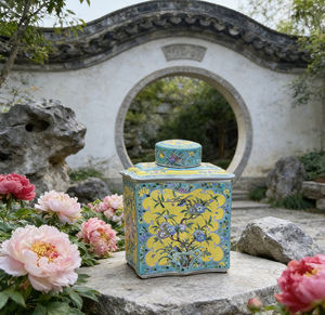 Jarrón Cuadrado Plano <span class=keywords><strong>de</strong></span> Cerámica con Tapa, <span class=keywords><strong>de</strong></span> Porcelana China Famille Rose, con Base Verde Turquesa y Motivos Florales y <span class=keywords><strong>de</strong></span> Aves en Panel Reservado - Product Image 4