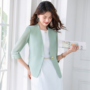 Women's Summer Thin Blazer <b>Jacket</b> Set <b>Chiffon</b> Three-Quarter Sleeve Suit Dress Solid Color Splicing Design - Product Image 4
