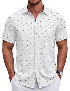 Men's White Short Sleeve Stand Collar Button Shirt Custom <b>Mini</b> <b>Print</b> Casual Summer Beach Breathable Knitted Soft - Product Image 1