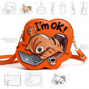 Sac bandoulière personnalisé en PU avec fenêtre transparente, motif chat amusant, mignon dessin animé 'I'm OK', pour adolescents - Vente en gros - Product Image 2