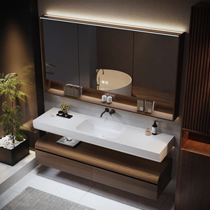 Meuble-lavabo de salle de bain avec lavabo simple ou double, meuble-lavabo suspendu avec miroir LED anti-buée - Product Image 2