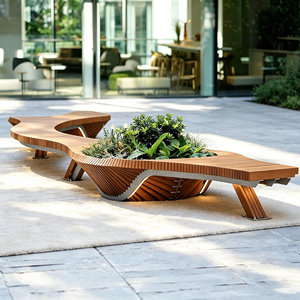 Banc de jardin public en <span class=keywords><strong>bois</strong></span> tropical courbé avec jardinière centrale intégrée et éclairage LED – Idéal pour l'aménagement paysager commercial - Product Image 4