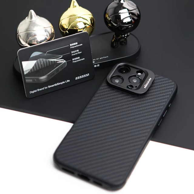 Nillkin Magnetic Aramid Fiber Case With Camera Lens Cover Stand for iPhone 16 Pro 16 Pro Max  Carbon Fiber Case