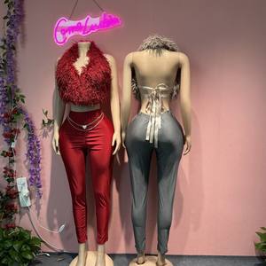 Completo Sexy da Donna in Due Pezzi: Top Halter in Pelliccia Sintetica con Schiena Scoperta e Pantaloni Aderenti in Seta, Abbigliamento da Club Notturno - Product Image 4