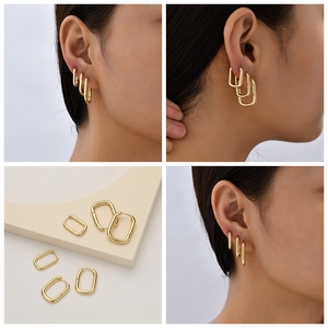 Gümüş geometrik paslanmaz çelik Hoop küpe U kalp şekli üçgen dikdörtgen Pentagon altıgen sekizgen kare Huggie küpe - Product Image 6