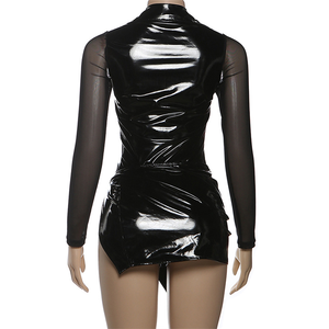 PU Mesh Patchwork 2-teiliges Set Damen Sexy Durchsichtiger Reißverschluss-Body mit Revers und langen Ärmeln sowie Schlitz-Minirock - Product Image 5