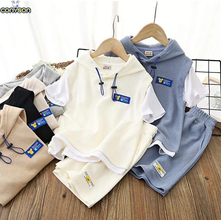 Conyson nuovo arrivo estate bambini moda bambino neonato felpa con cappuccio pantaloncini abbigliamento in cotone vestito all'ingrosso waffle 2 pezzi vestiti set