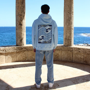 Felpa sportiva oversize da <span class=keywords><strong>uomo</strong></span> con cappuccio blu chiaro con cappuccio personalizzata invernale di alta qualità all'ingrosso con tracolla - Product Image 4