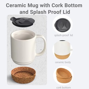Tasse à café en céramique avec fond en liège - Tasse avec poignée - <span class=keywords><strong>Acier</strong></span> - Passe au lave-vaisselle - Logo personnalisé sur les deux côtés - Couvercle en plastique - Product Image 1