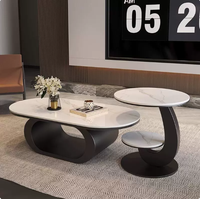 Ensemble de tables basses modernes en pierre frittée, ovales et rondes, avec structure en acier inoxydable et rangement, pour salon