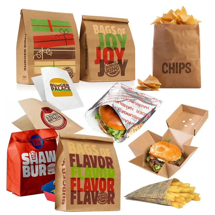 Wholesale custom printed wax food packaging bag for finger french fries potato chips hamburger burger paper bags sandwich wrap