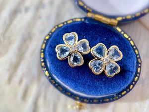 เครื่องประดับชั้นดี Xinfly ต่างหูทองคำ 18k ประดับพลอยอะความารีนธรรมชาติและเพชร รูปใบโคลเวอร์ 4 แฉก สำหรับผู้หญิงและเด็กผู้หญิง - Product Image 3