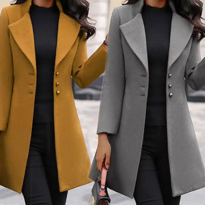 Özel LOGO orta uzunlukta kore versiyonu yün yaka, ince ve düz renk ince kadın yün ceket artı boyutu kadın