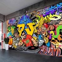 Papier peint mural graffiti personnalisé, toile murale d'art urbain pour clubs de musique et de sport, espaces commerciaux, salles de sport, bars, KTV et salles jeunes