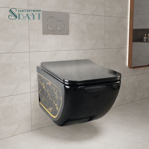SDAYI baño de lujo sanitario negro con patrón de color dorado doble descarga una pieza porcelana WC colgado en la pared <span class=keywords><strong>Cister</strong></span> inodoro sin montura - Product Image 1