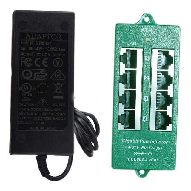 AT-4-48v60w Active 802.3at 4 Port Gigabit Power Over Ethernet PoE Auto Negotiating Injector with 48 Volt 60 Watt