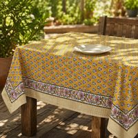 Nappe rectangulaire en coton imprimé floral jaune moutarde avec bordure décorative pour la maison