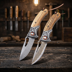 Cuchillo de bolsillo para acampar de acero de Damasco con mango de madera, hoja de punta caída y perilla de pulgar, juego de 2, OEM - Product Image 3
