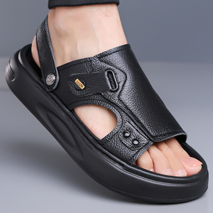 Sandalias de cuero genuino para hombre, con punta abierta, suela gruesa, a la moda, de verano, con suela de goma, de color sólido, hechas en China. - Product Image 1