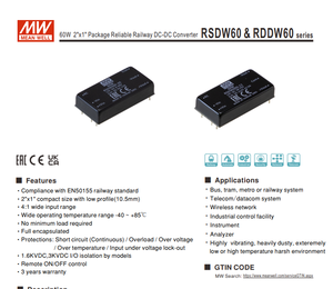 MEAN WELL RSDW60G-12 60W 12V 5A ตัวแปลงไฟ DC-DC แบบแยกส่วน DC18-75V อินพุต 2x1 นิ้ว DIP โมดูลจ่ายไฟสำหรับรถไฟ - Product Image 2
