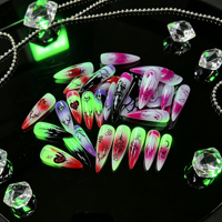 Boîte de rangement à 4 compartiments pour faux ongles Halloween à presser, impression 3D, phosphorescents, longs, forme Stiletto, style gothique, pour déguisements de fêtes