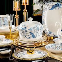 Service de table en porcelaine fine motif paon bleu de Jingdezhen, compatible micro-ondes et lave-vaisselle, idéal pour la maison et les banquets