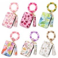 Bloemenbloeiwijze Bloemenprint Leren portemonnee Creditcardhouder met siliconen kralen Sleutelhanger Mini portemonnee Tas Armband