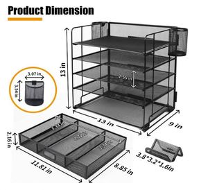 5-Trays Desktop File Organizer with <b>Pen</b> Holder Letter Tray Paper Organizer with Drawer and <b>Pen</b> Holders Mesh Office Supplies - Product Image 2