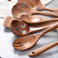 Ensemble d'ustensiles de cuisine en bois de teck naturel, 6 pièces, avec cuillères et spatules antiadhésives, brun