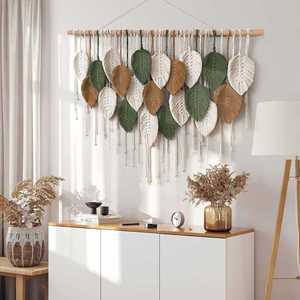Decoración de Pared Estilo Boho Chic Personalizada, Tapiz de Arte Hecho a Mano con Hojas Tejidas de Algodón y Borlas para Dormitorio o Sala de Estar - Product Image 4